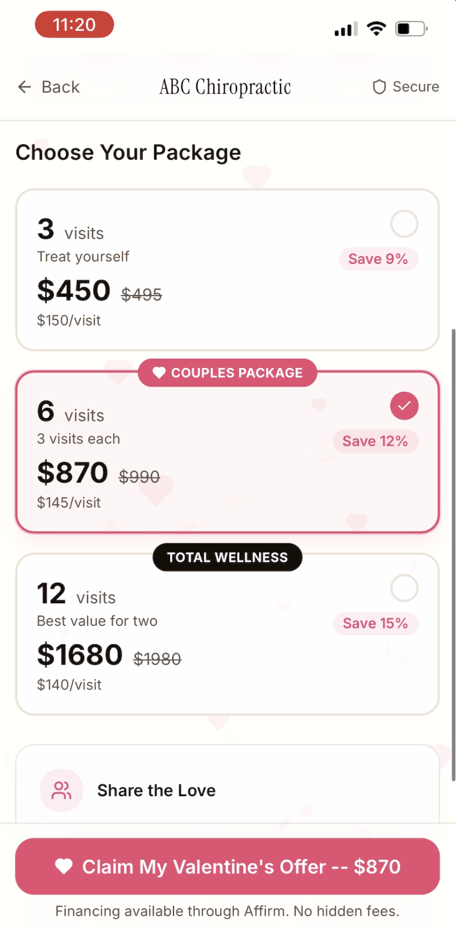 Valentine's Day promo demo showing package pricing with Claim My Valentine's Offer button